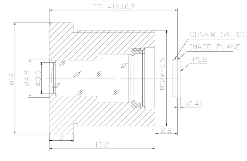 Rysunek obiektywu CCTV 16 mm