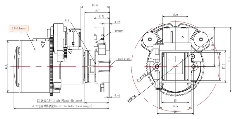 Schemat obiektywu zmiennoogniskowego 3,6–11 mm